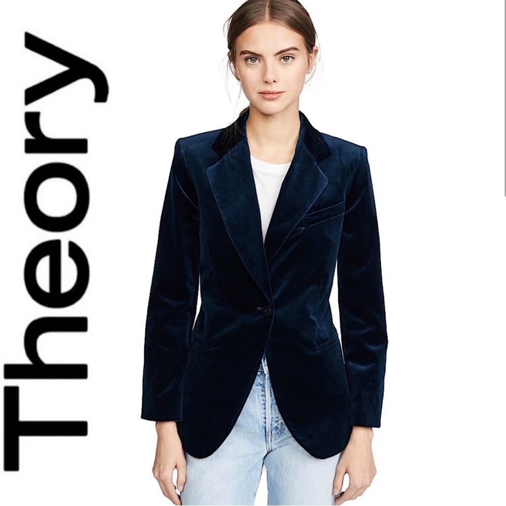 Theory Women's Blue Cinched Stretch Velvet Blazer Jacket Size 6 Festive Fall